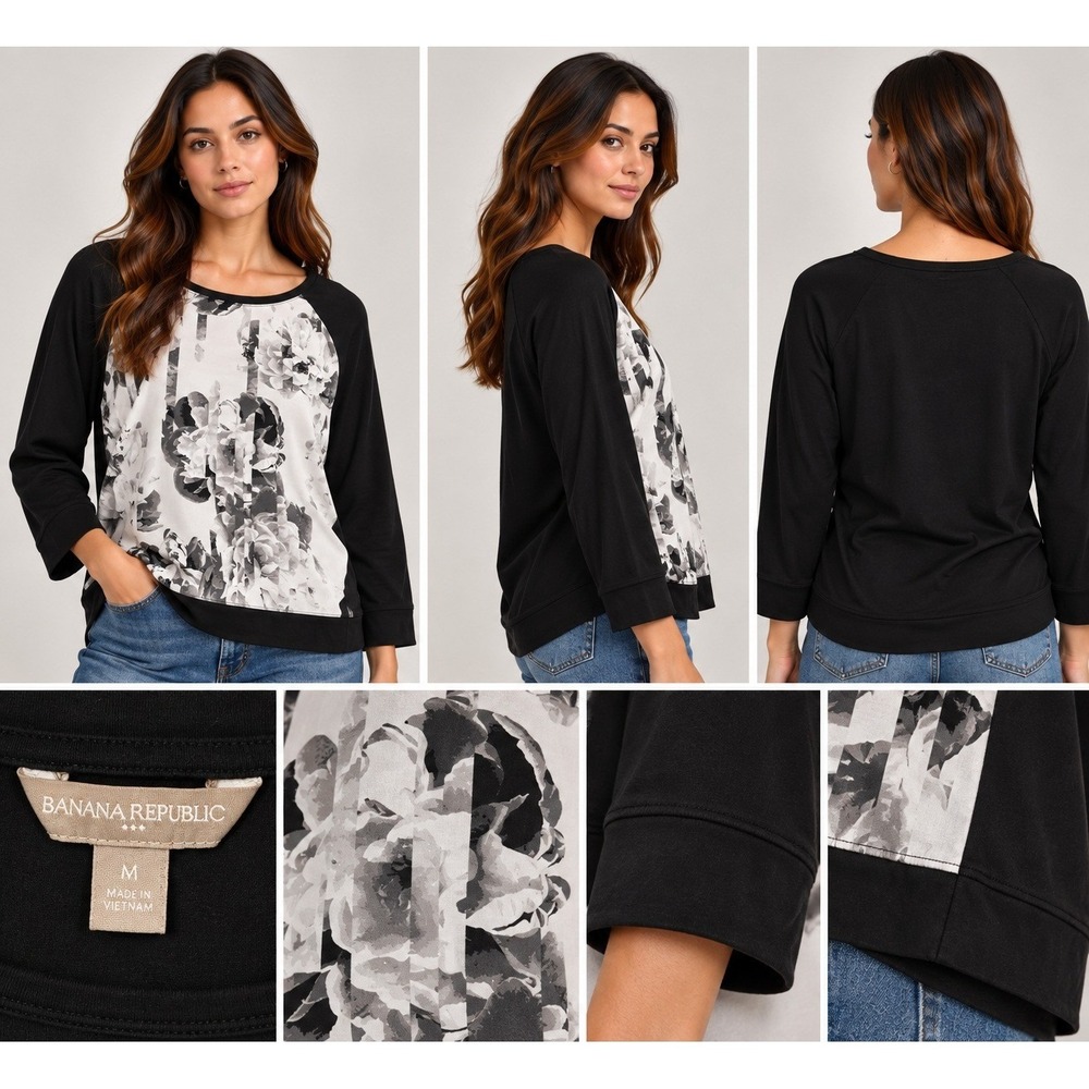 Banana Republic Womens Black White Floral Mixed Media Raglan 3/4 Sleeve Top M